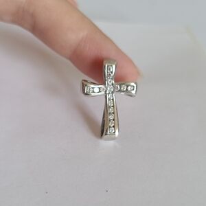 Vintage Chunky Boho Sterling Silver CZ Crystal Rhinestone Hollow Cross Pendant